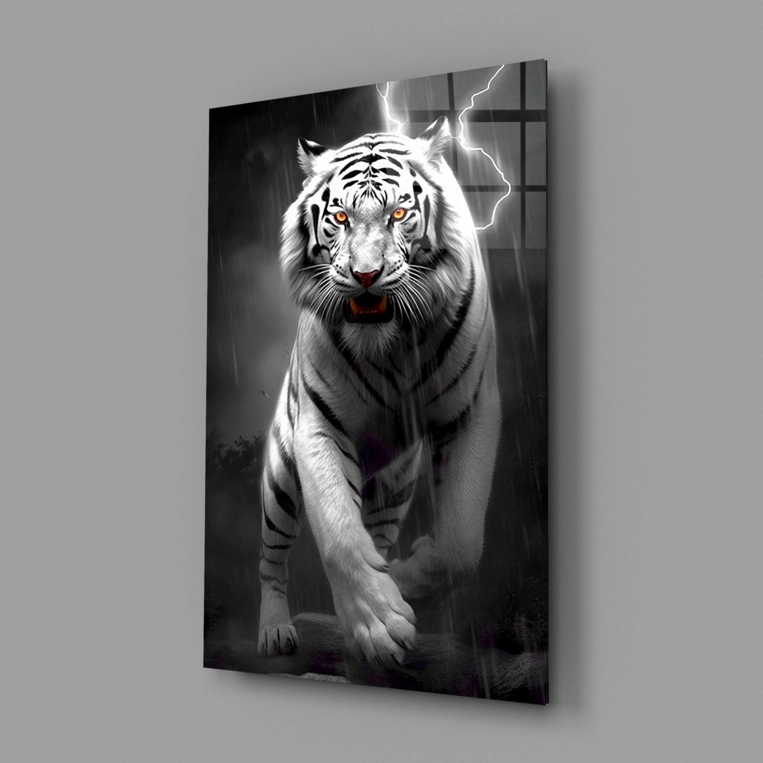 White tiger with amber eyes and lightning bolts on black glass wall art, angled product view.