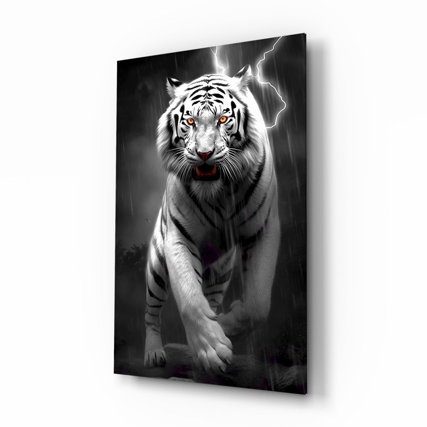 White tiger with glowing amber eyes walking forward through rain and lightning on black glass wall art panel.