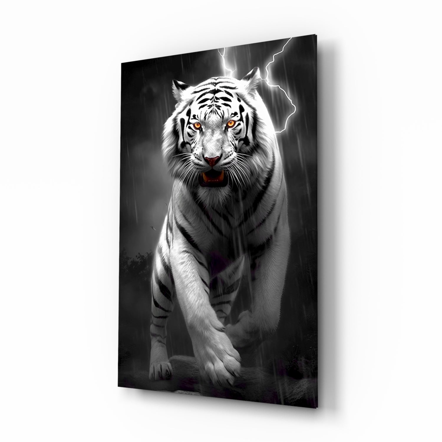 White tiger with glowing amber eyes walking forward through rain and lightning on black glass wall art panel.
