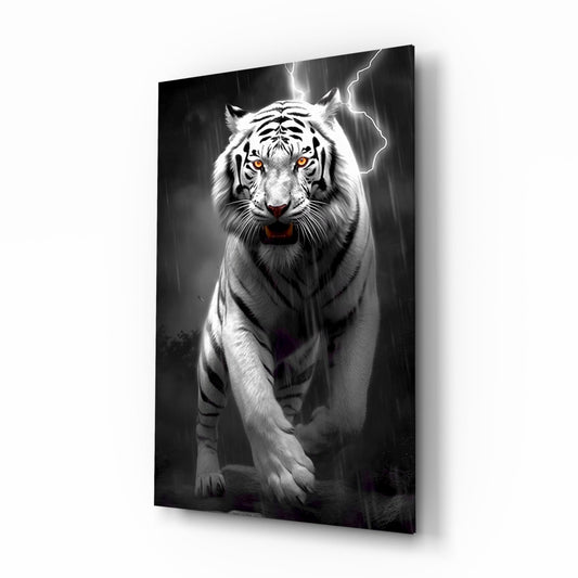 White tiger with glowing amber eyes walking forward through rain and lightning on black glass wall art panel.