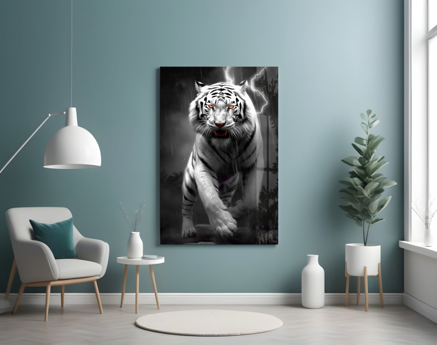 White tiger glass wall art displaying a fierce snarling face with lightning background, mounted in modern teal living room interior.