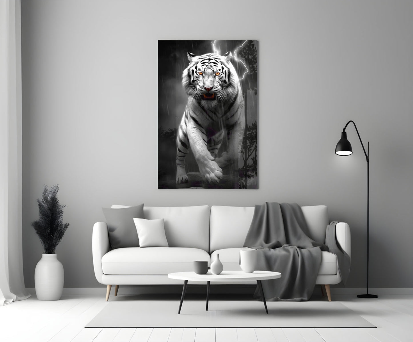 Black and white tiger glass wall art with red eyes and lightning effects displayed above white sofa in modern living room.