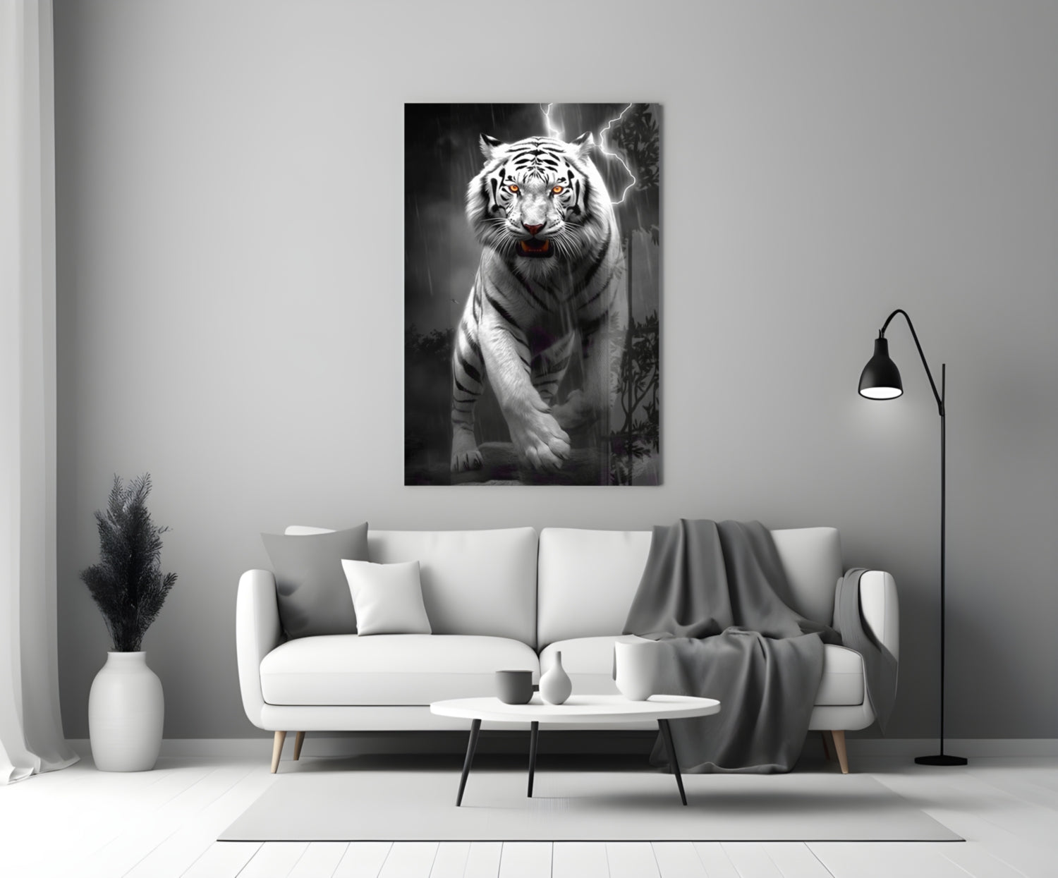 Black and white tiger glass wall art with red eyes and lightning effects displayed above white sofa in modern living room.