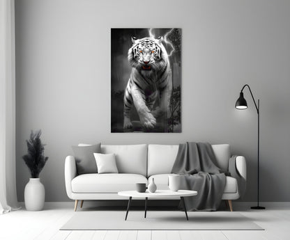 Black and white tiger glass wall art with red eyes and lightning effects displayed above white sofa in modern living room.