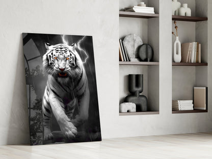 White tiger with glowing amber eyes and lightning bolts on black glass panel leaning against white wall beside shelving unit.