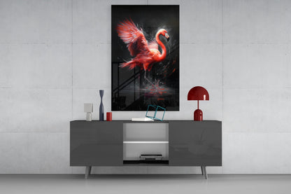 Red glowing flamingo glass wall art displayed above gray media console with red lamp and decorative accessories.