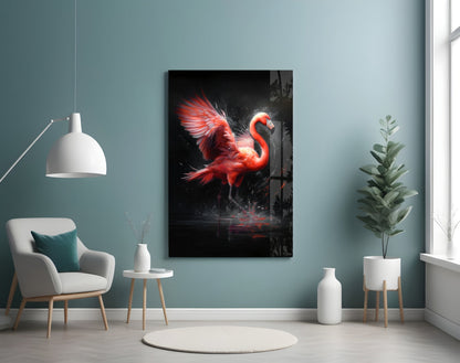 Red glowing flamingo glass art panel mounted on teal wall above white chair in modern interior setting.