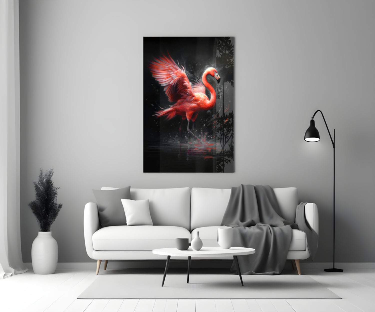 Red glowing flamingo glass wall art hanging above white sofa in modern minimalist living room setting.