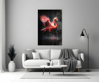 Red glowing flamingo glass wall art hanging above white sofa in modern minimalist living room setting.