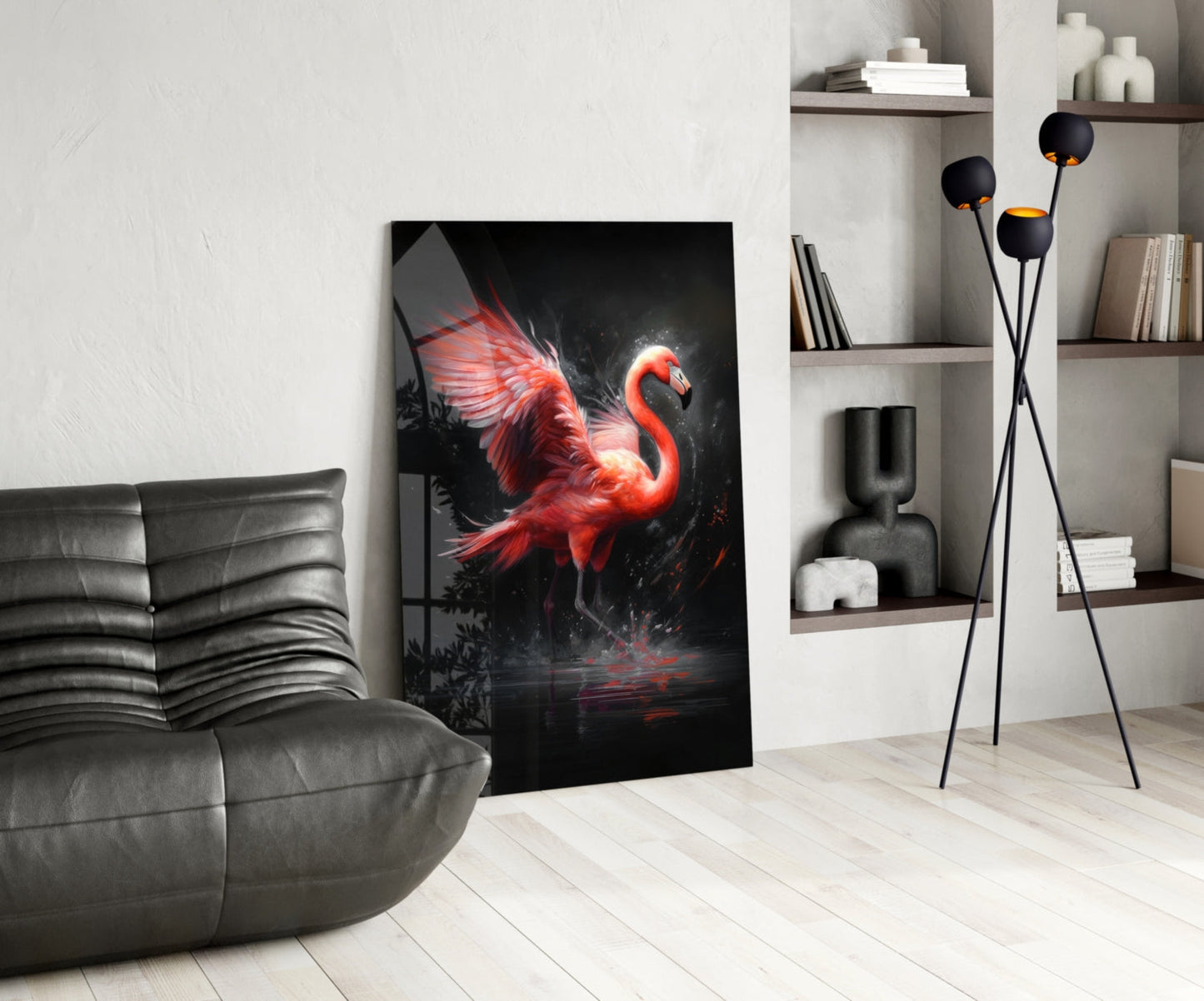 Red glowing flamingo glass art displayed upright in modern living room with gray sofa and shelving.