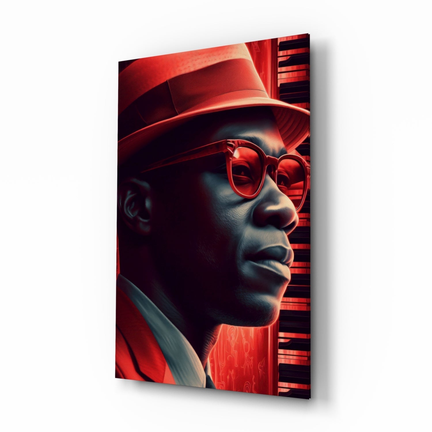 Profile view of stylized male figure wearing red fedora hat and tinted glasses against red neon background on glass panel.