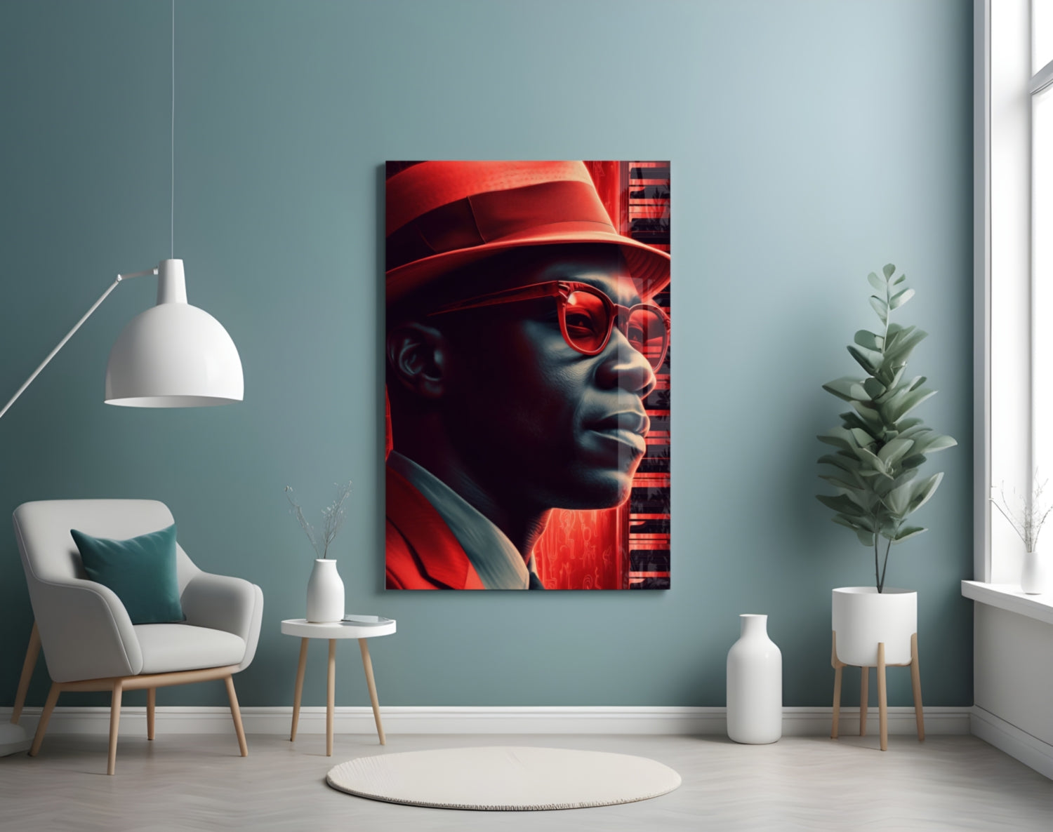 Jazz Glass Wall Art featuring a red-tinted portrait of a figure wearing a hat and sunglasses, displayed in a modern living room setting.
