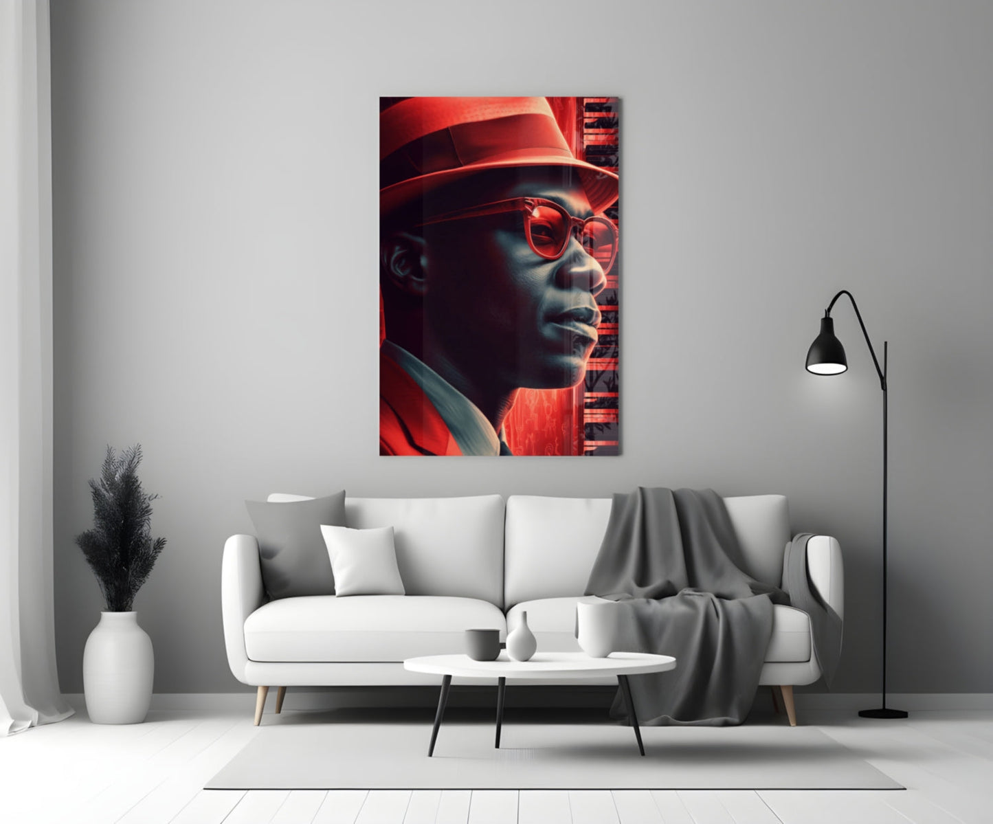 Red neon-lit jazz portrait glass wall art displayed above white sofa in modern living room interior.