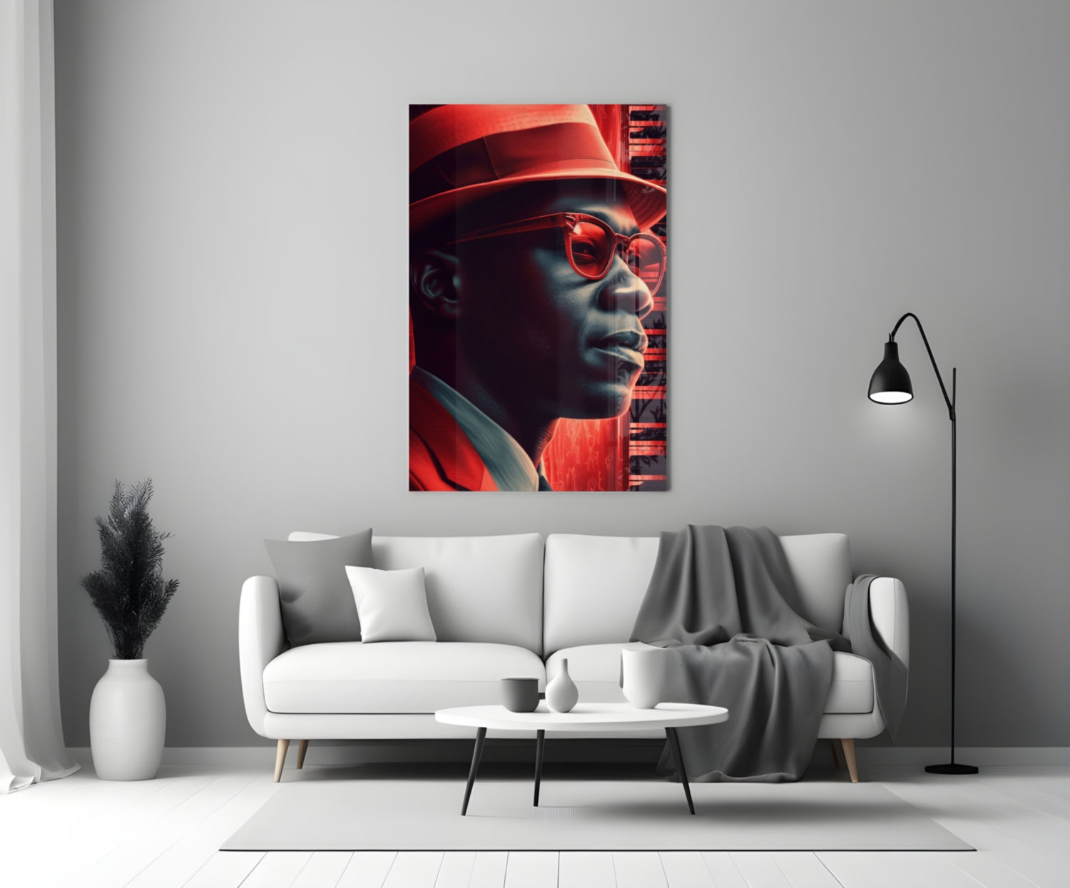 Red neon-lit jazz portrait glass wall art displayed above white sofa in modern living room interior.
