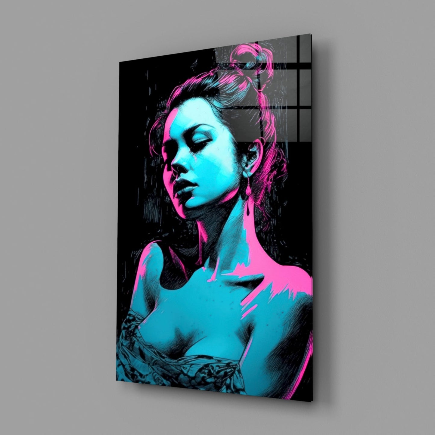 Angled view of neon pop art glass wall panel featuring woman's portrait in cyan and magenta tones against black background.