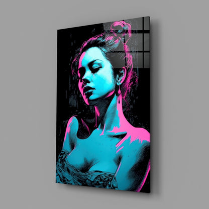 Angled view of neon pop art glass wall panel featuring woman's portrait in cyan and magenta tones against black background.