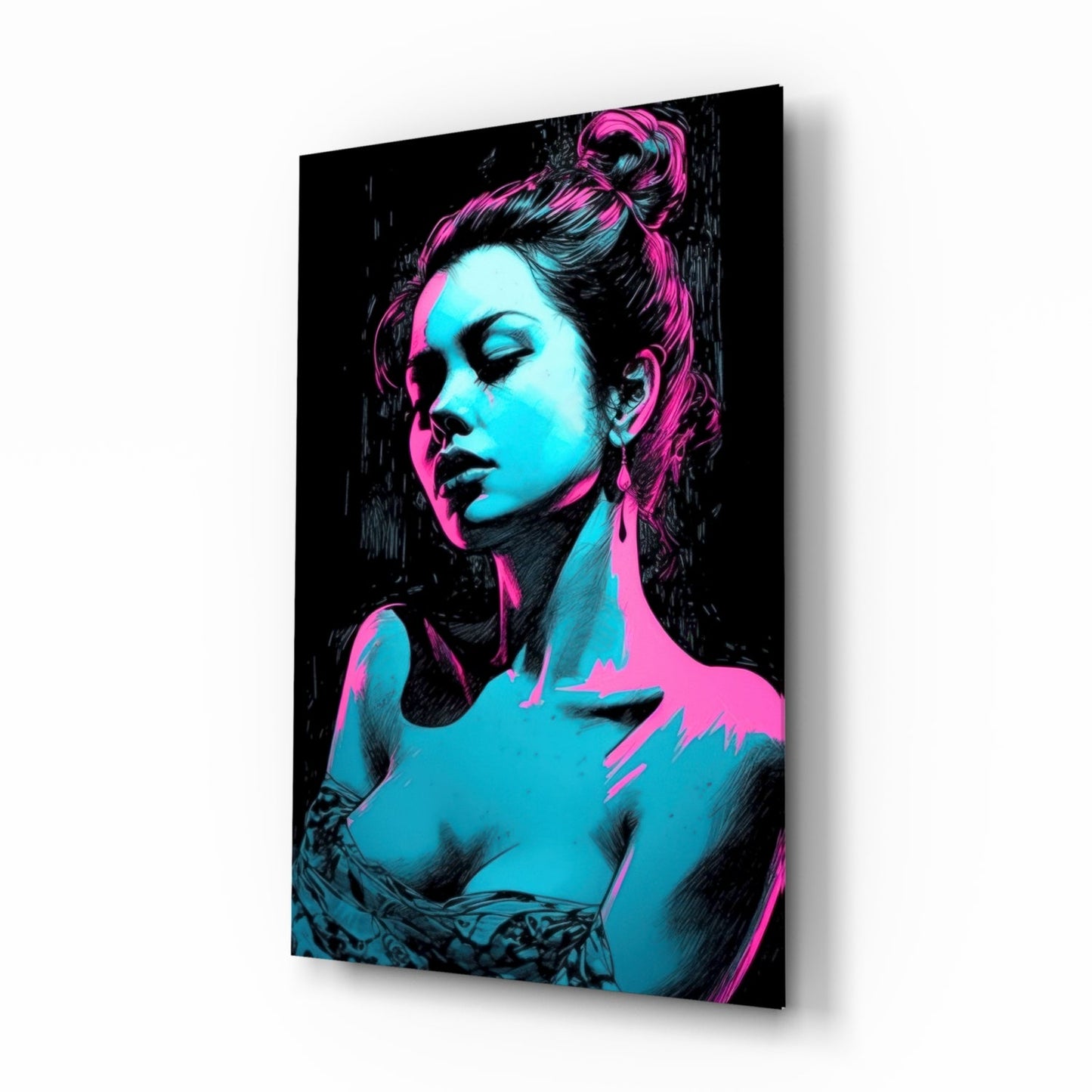Glass wall art panel displaying a woman's profile in neon cyan and magenta against black background, mounted at an angle.