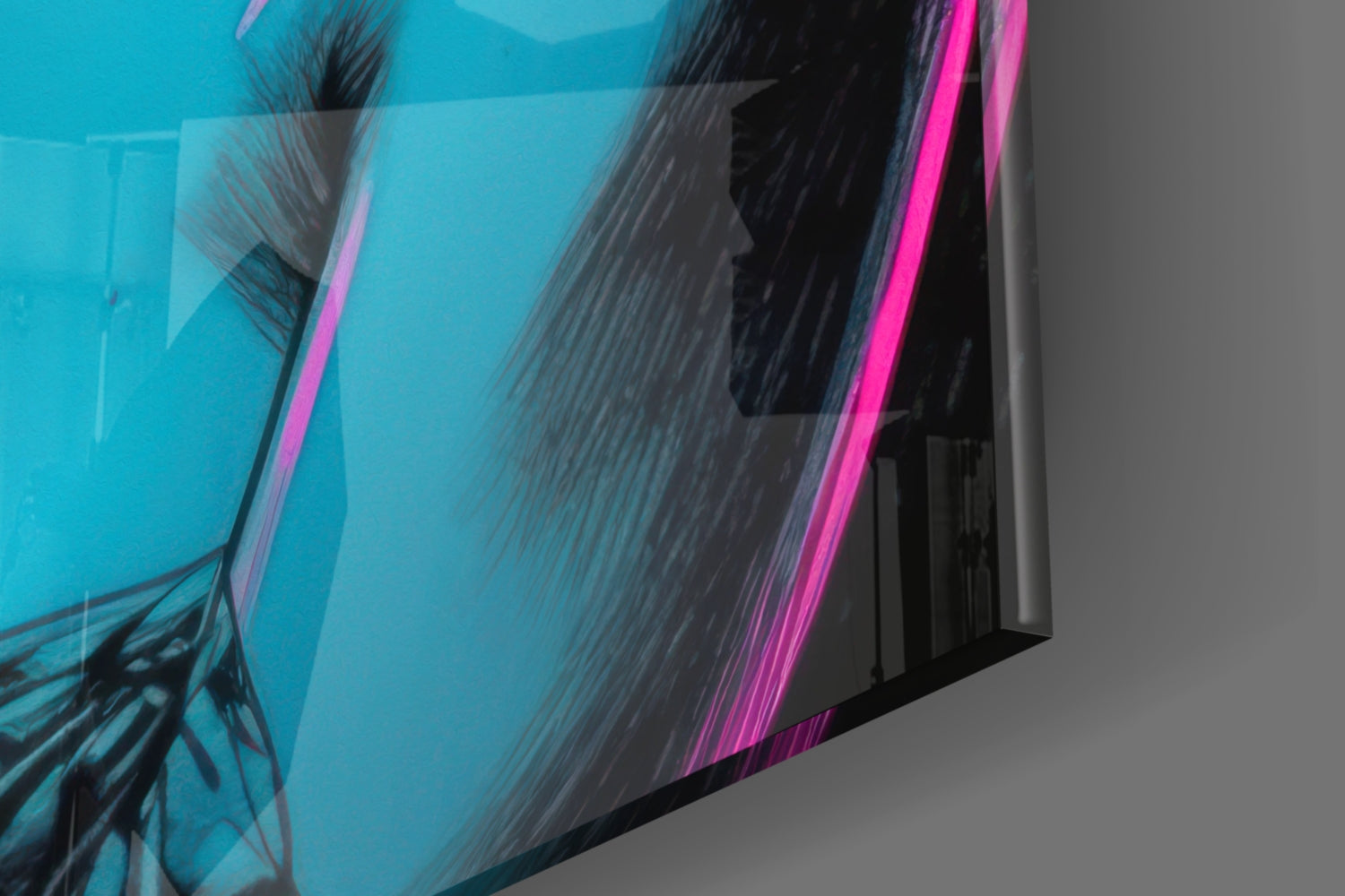 Angled close-up of glass wall art displaying silhouetted female profile with turquoise and magenta neon lighting effects.