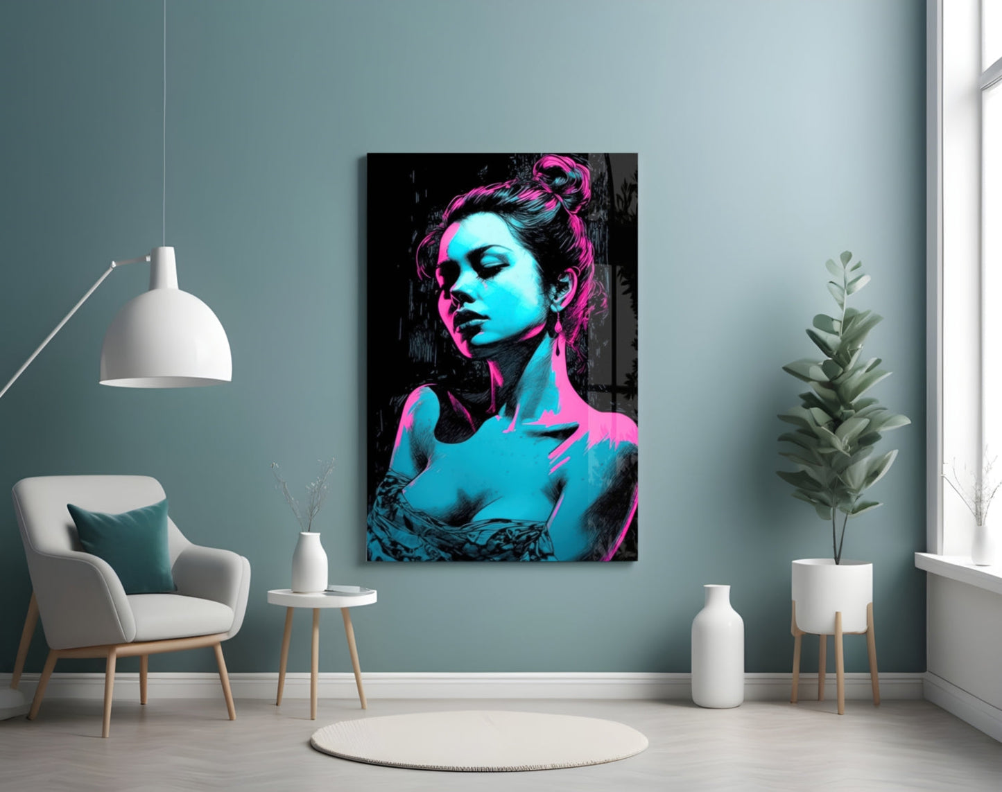 Modern living room with cyan and magenta neon portrait glass wall art displayed above white chair and potted plants.