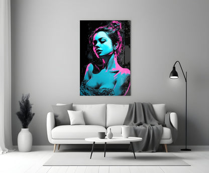 Neon cyan and magenta portrait glass wall art hanging above white sofa in minimalist living room setting.