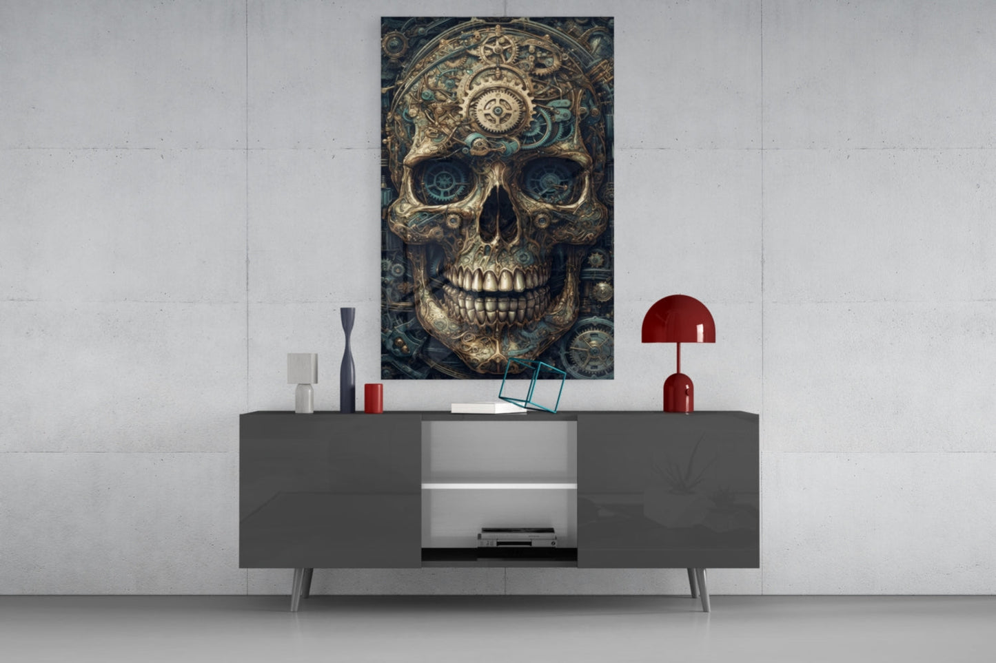 Steampunk-style skull artwork with brass gears and blue eye sockets displayed above a dark gray media console in a modern interior setting.