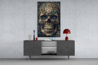 Steampunk-style skull artwork with brass gears and blue eye sockets displayed above a dark gray media console in a modern interior setting.