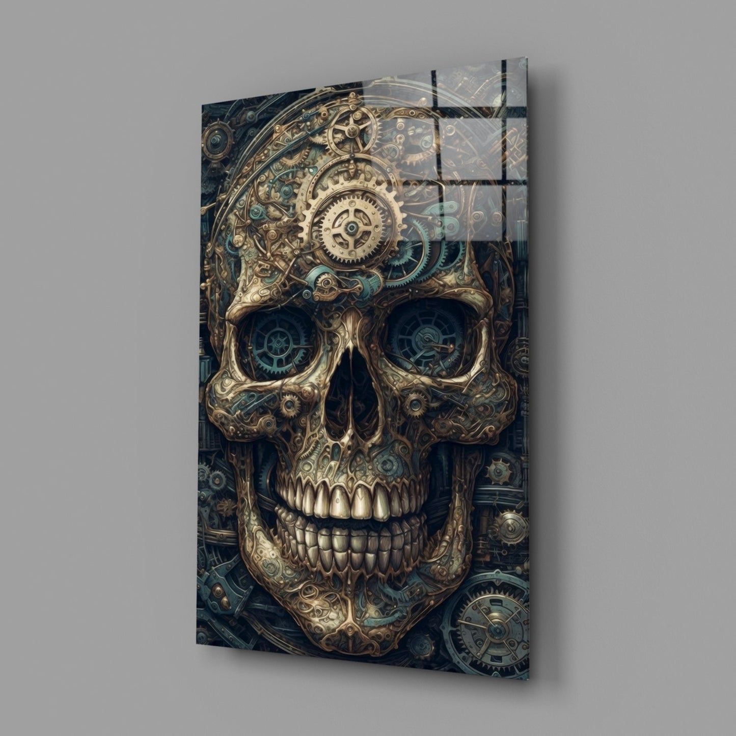 Steampunk-style skull wall art with ornate brass detailing, mechanical gears in eye sockets, displayed at an angled perspective against gray background.