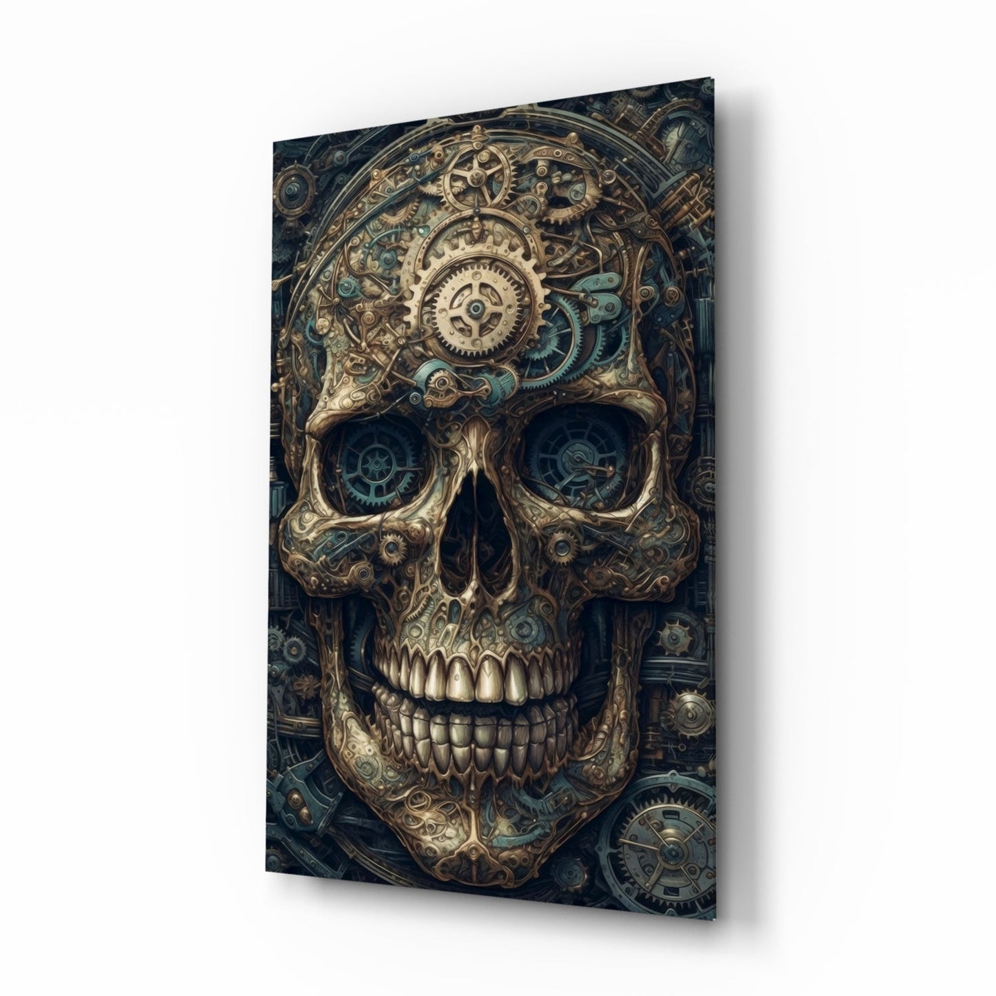 Steampunk-style glass wall art displaying an ornate brass skull with mechanical gears in the eye sockets, shown at an angle against a dark background.