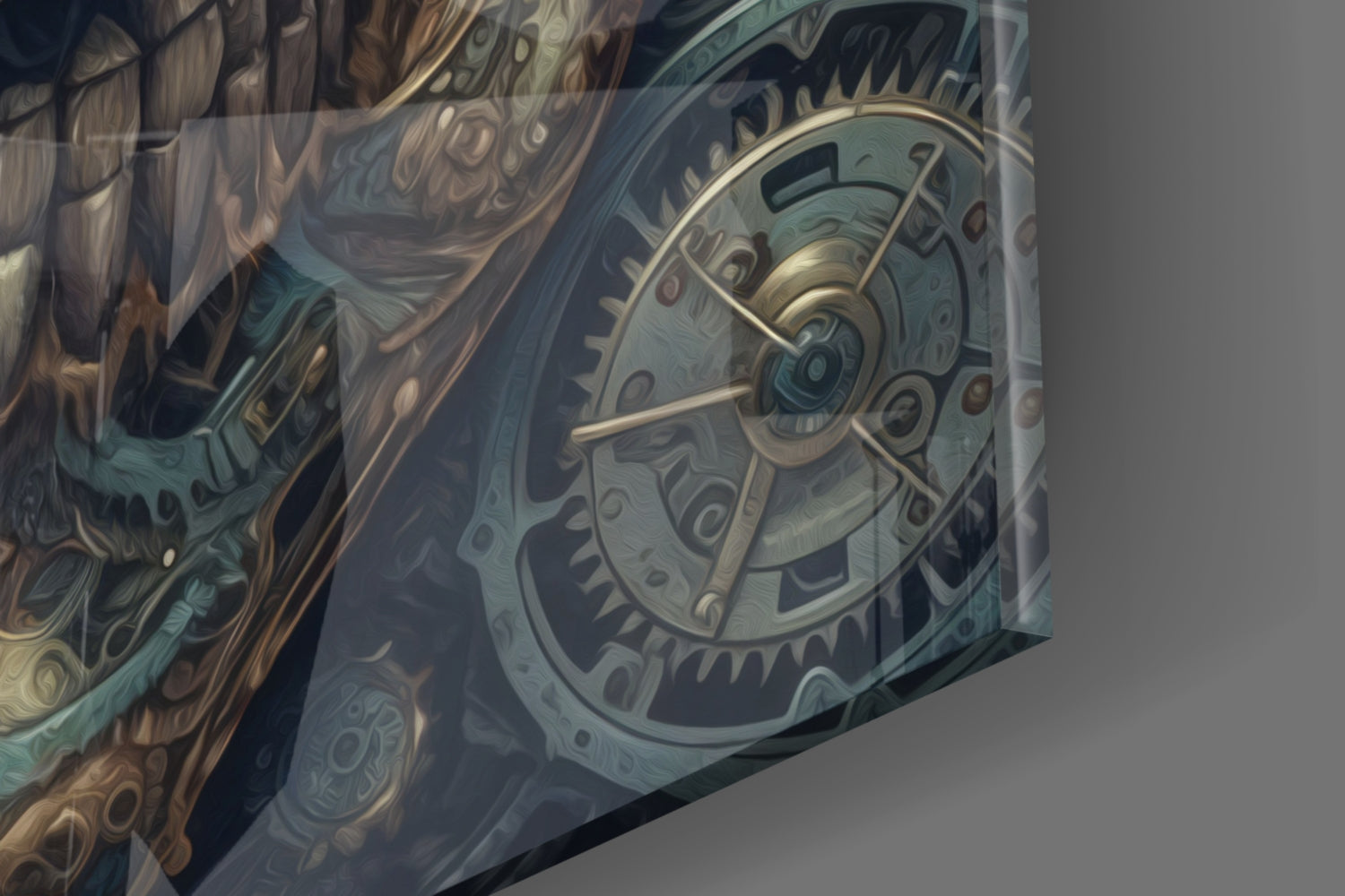 Close-up angled view of ornate steampunk skull design featuring brass gears, blue-green patina, and decorative scrollwork details.