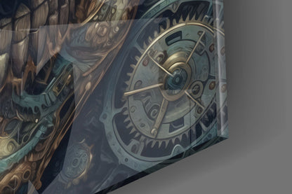 Close-up angled view of ornate steampunk skull design featuring brass gears, blue-green patina, and decorative scrollwork details.