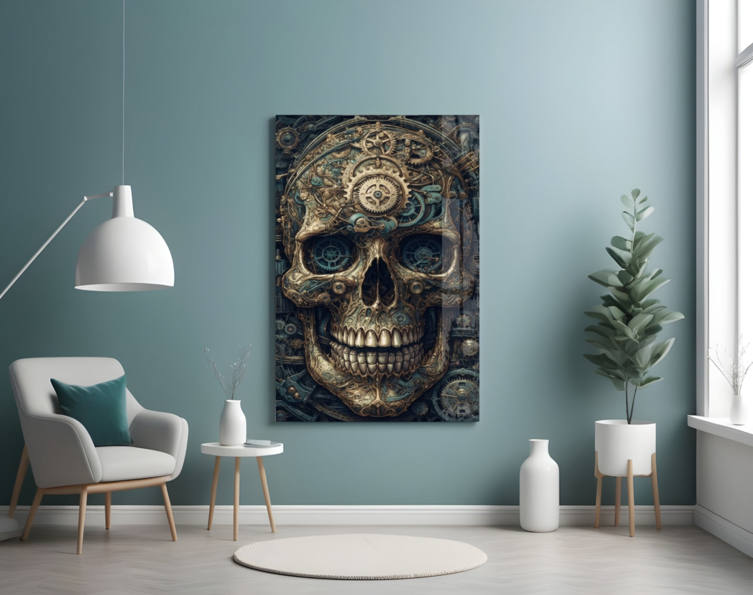 Steampunk skull wall art with gold gears and blue accents displayed in a minimalist turquoise room with white furniture.