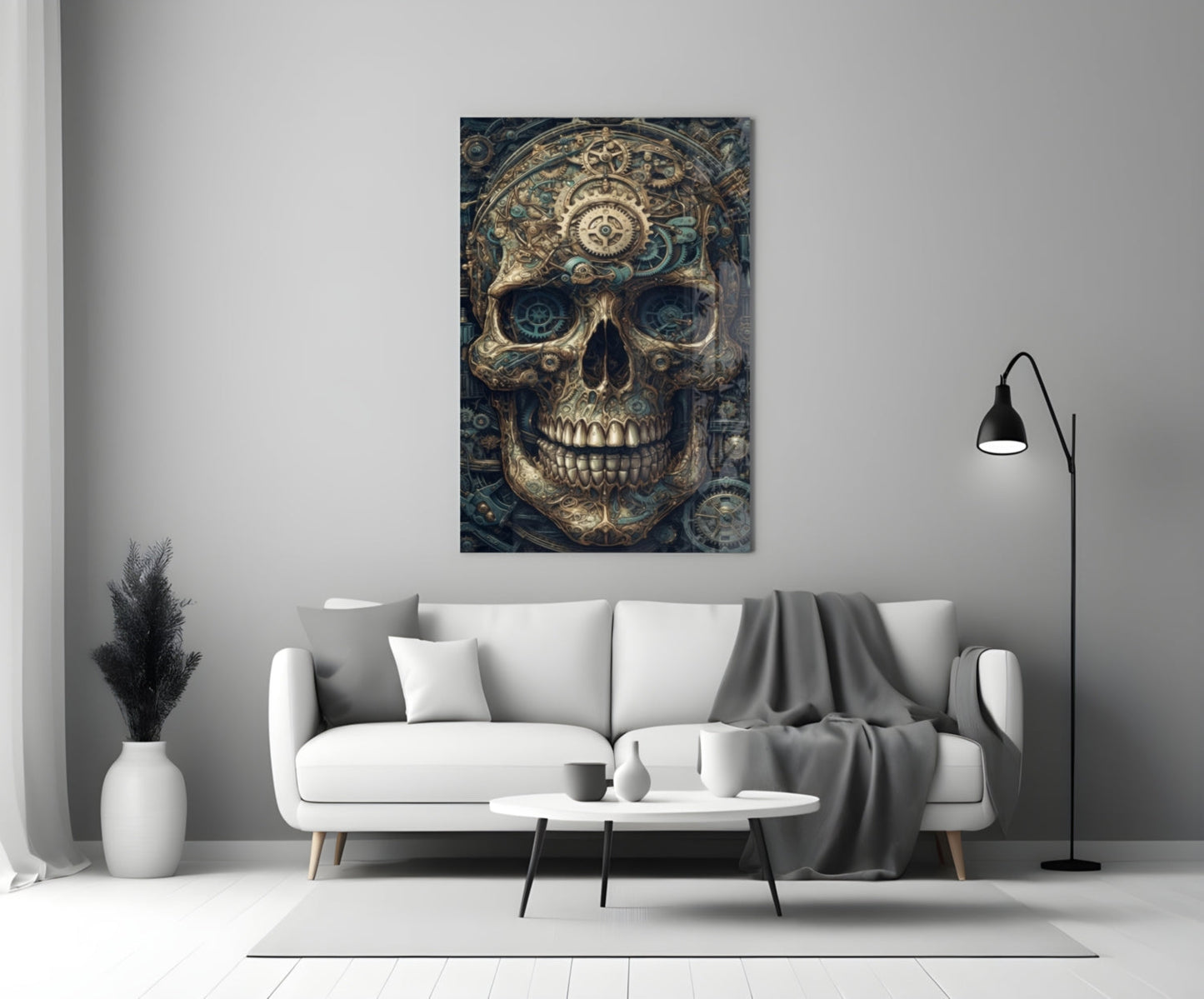 Steampunk-style skull artwork with gold gears and dark blue eyes displayed above white sofa in modern living room.