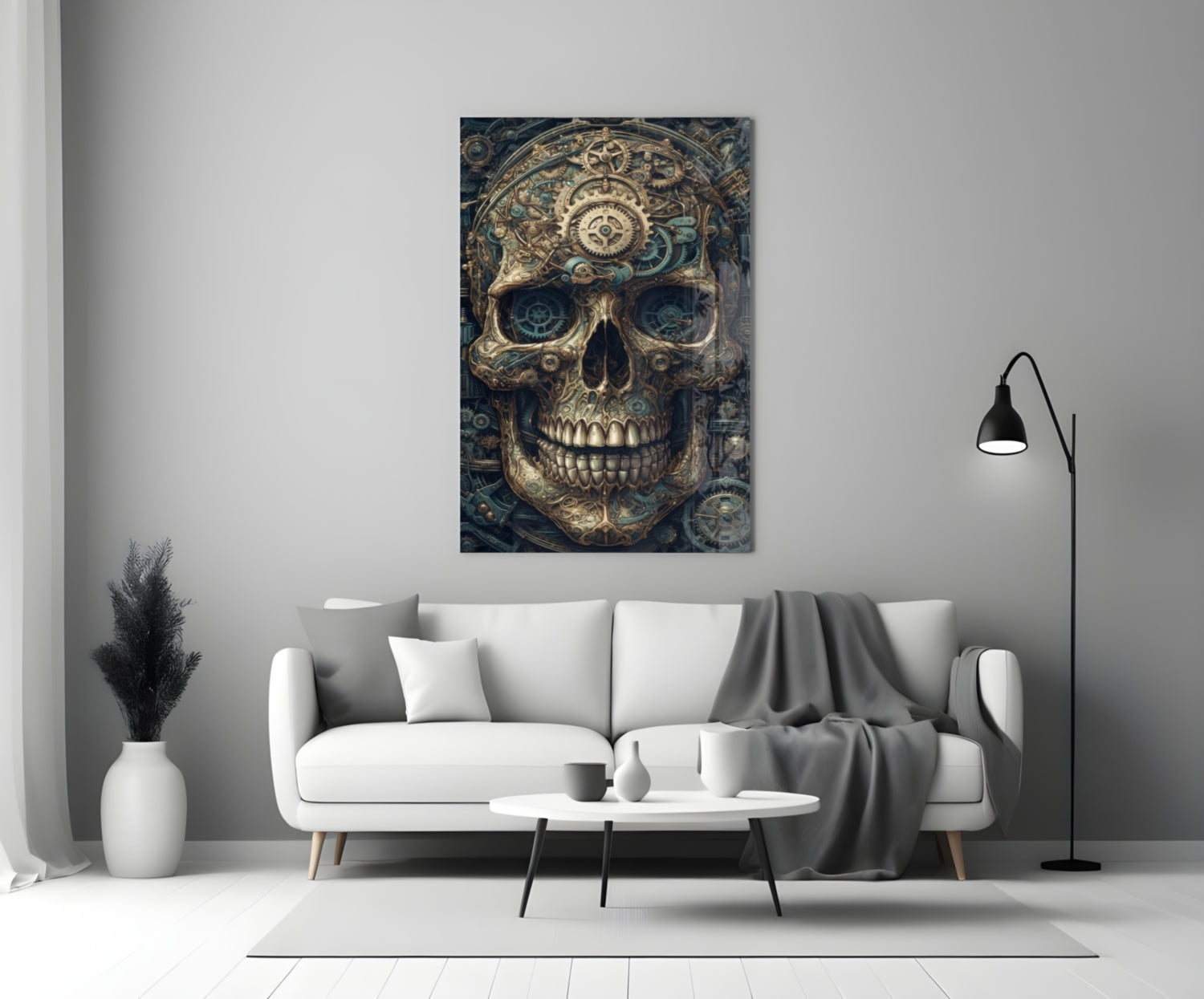 Steampunk-style skull artwork with gold gears and dark blue eyes displayed above white sofa in modern living room.