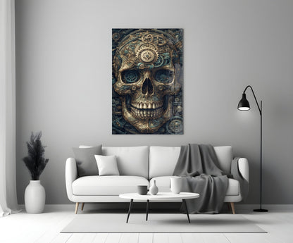 Steampunk-style skull artwork with gold gears and dark blue eyes displayed above white sofa in modern living room.