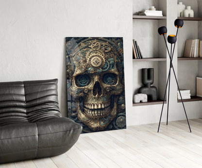 Steampunk skull glass wall art displayed in modern living room with gray leather chair, black floor lamp, and white shelving unit.