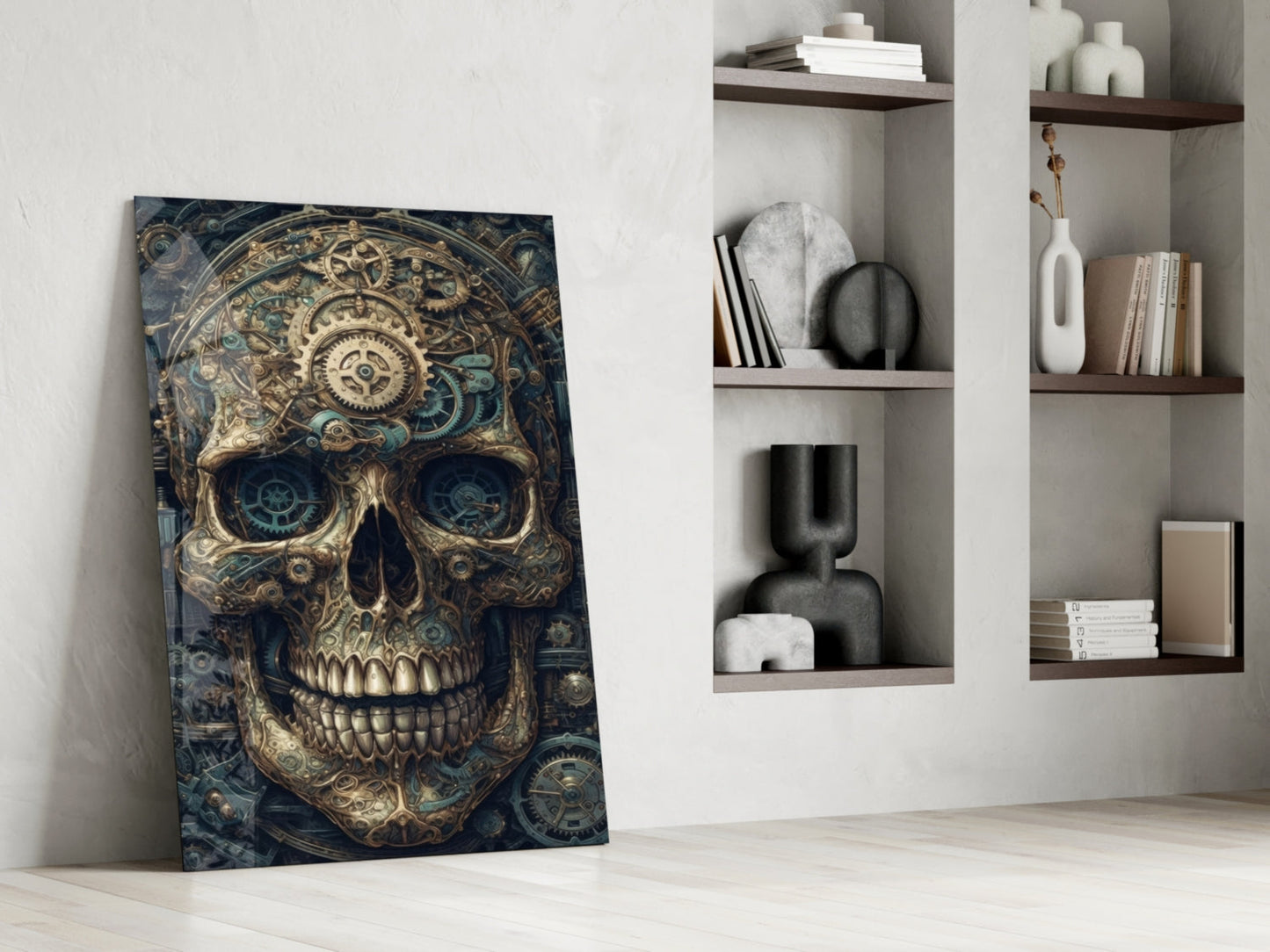 Steampunk-style skull canvas with gold gears and blue tones leaning against white wall beside wooden shelving.