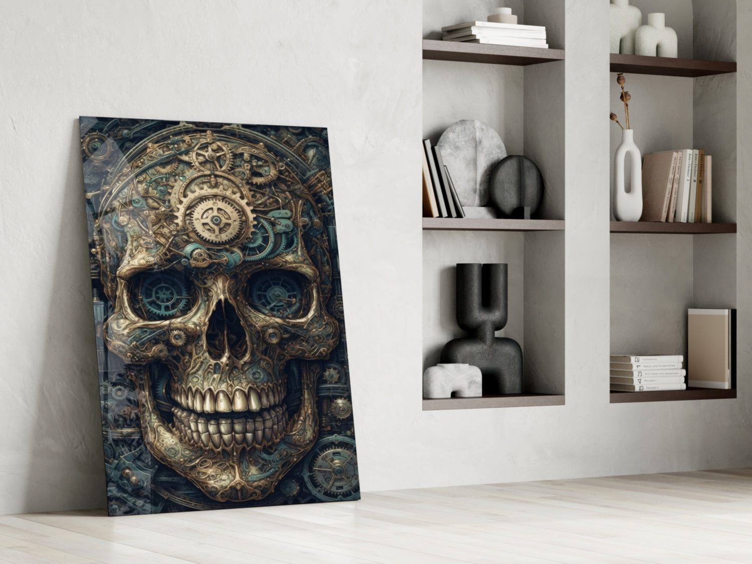 Steampunk-style skull canvas with gold gears and blue tones leaning against white wall beside wooden shelving.