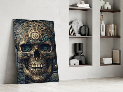 Steampunk-style skull canvas with gold gears and blue tones leaning against white wall beside wooden shelving.