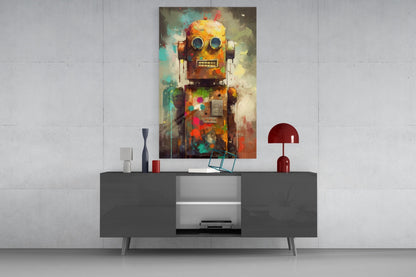 Colorful robotic character artwork displayed on white wall above dark console table with red lamp and decorative objects.