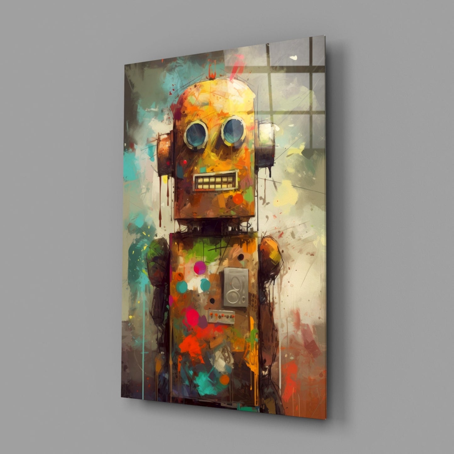 Angled view of a glass wall art panel featuring a colorful robot character with large round eyes and geometric shapes in orange, yellow, turquoise, and red tones.