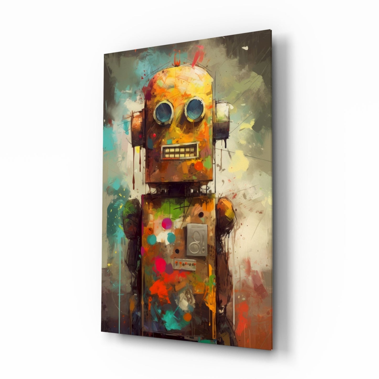 Angled view of colorful glass wall art featuring a robot character with yellow head, blue eyes, and multicolored paint splashes in orange, teal, and red tones.