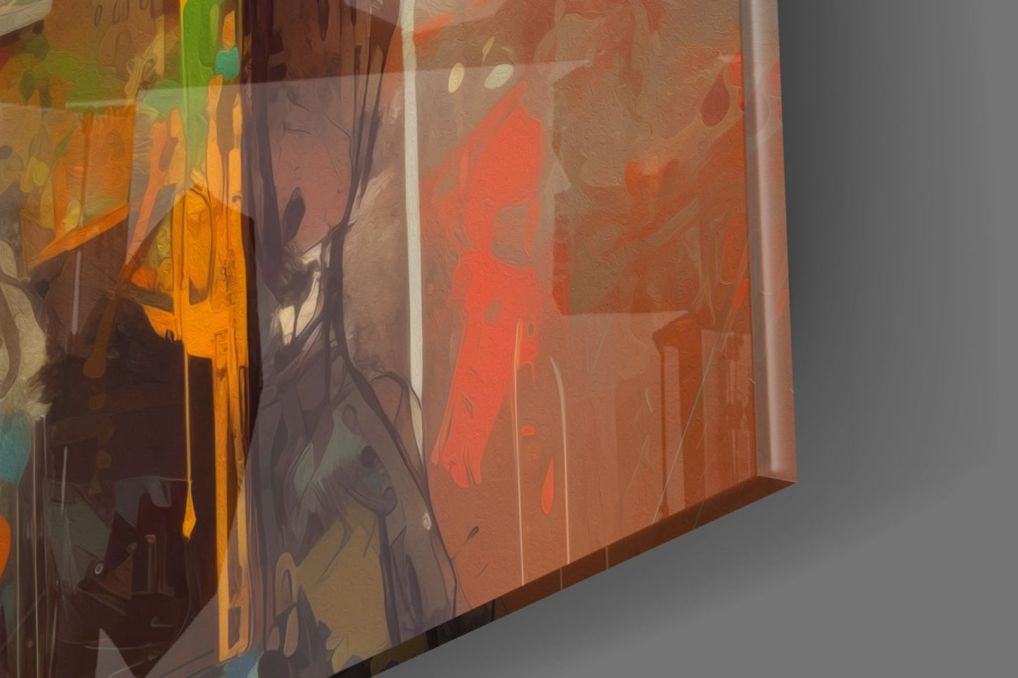 Close-up angled view of translucent glass wall art panel displaying orange, red, and brown abstract illustrated figures with green accents.