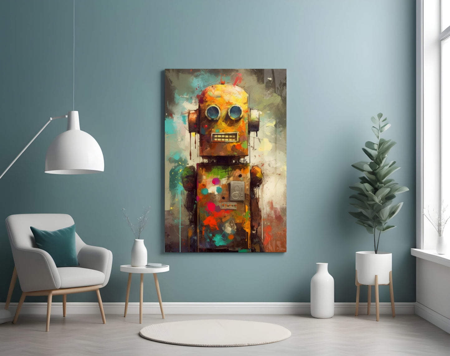 Colorful mixed-media robot artwork hanging on teal wall above white chair and potted plant in modern interior setting.