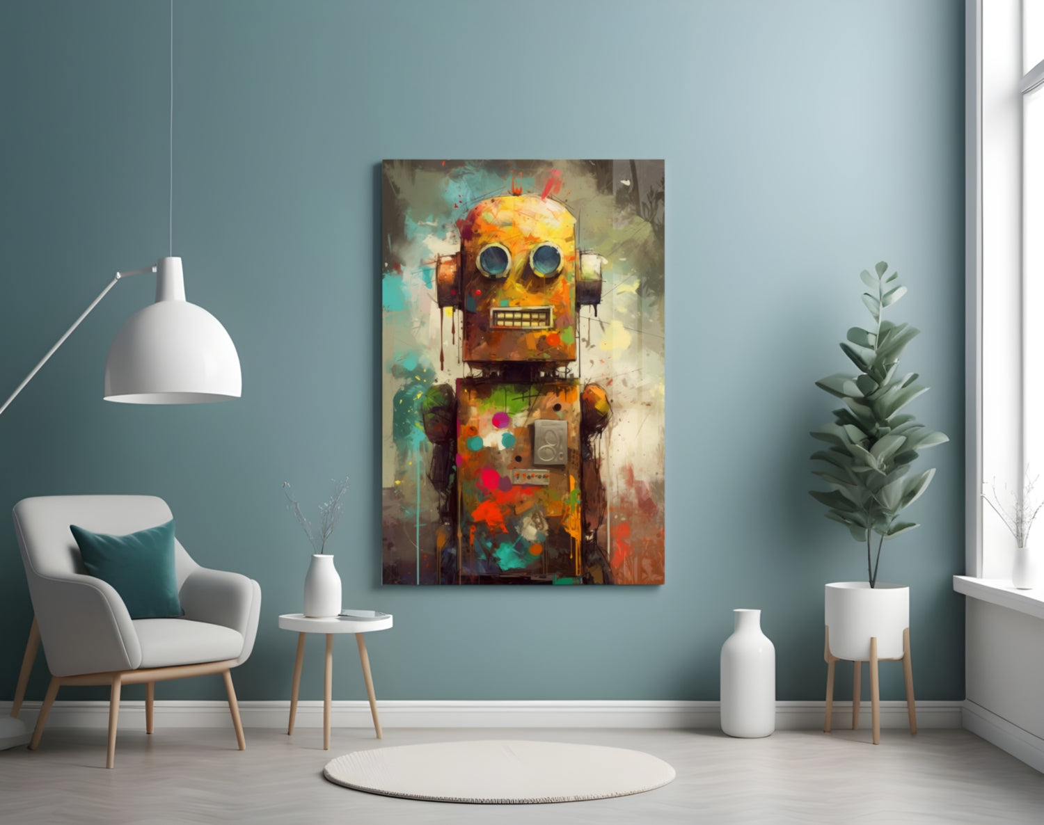 Colorful mixed-media robot artwork hanging on teal wall above white chair and potted plant in modern interior setting.