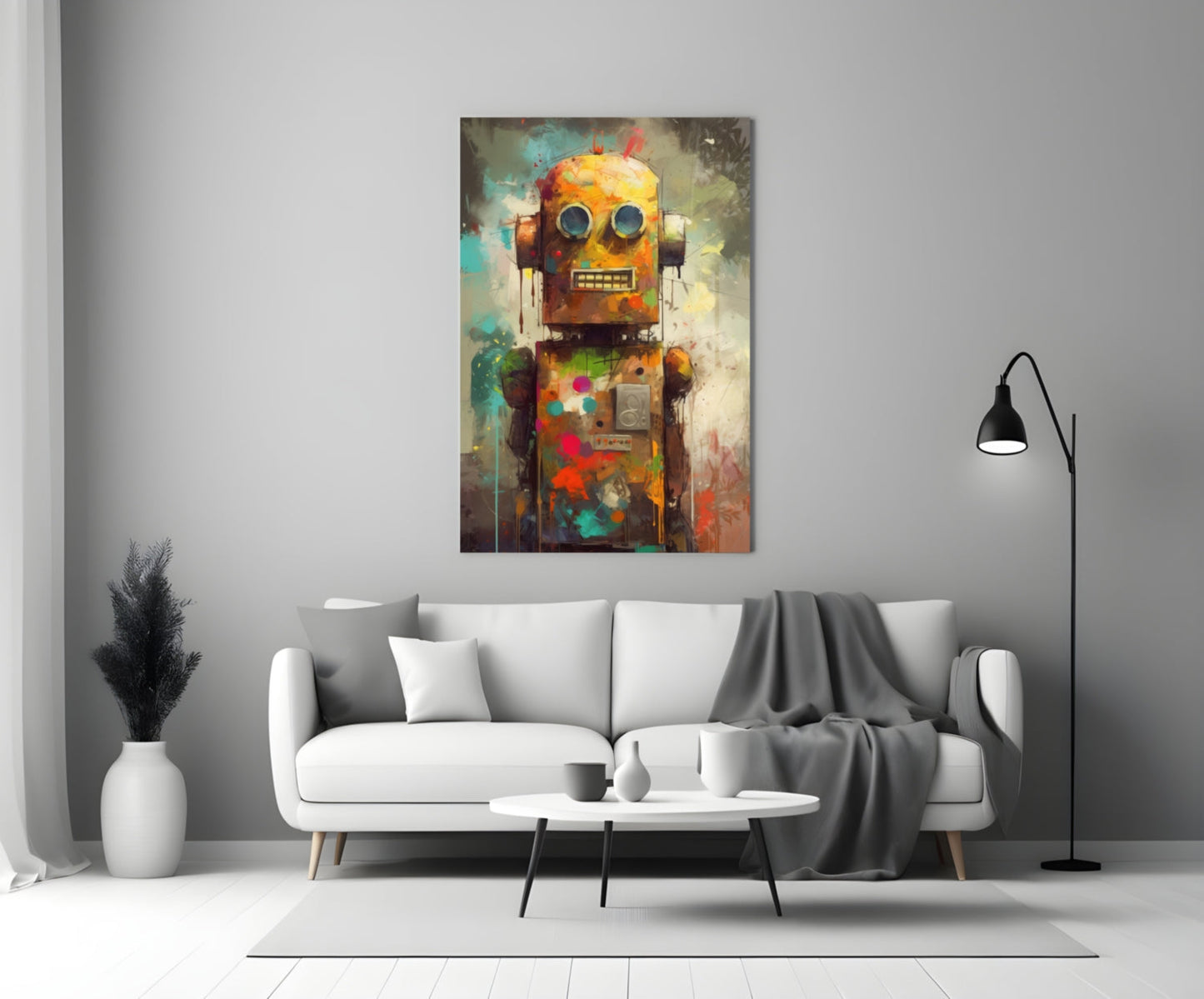 Colorful abstract robot artwork with orange, turquoise, and red tones hanging above a white sofa in a modern living room.