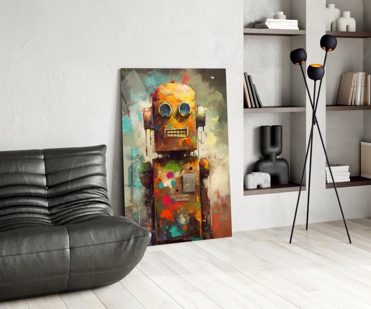 Colorful abstract robot artwork displayed in modern living room with black leather chair, shelving unit, and floor lamp.