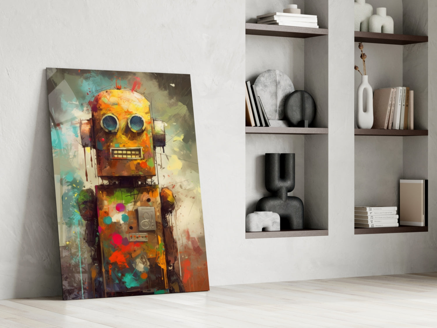 Colorful abstract robot portrait in yellow, orange, and turquoise leaning against white wall beside shelving unit.