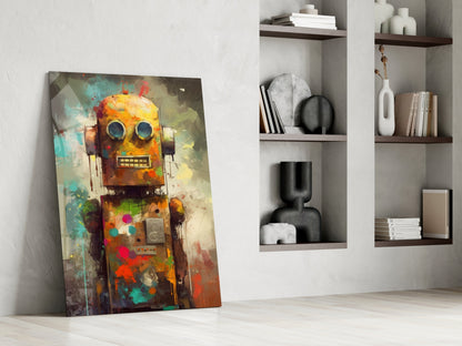 Colorful abstract robot portrait in yellow, orange, and turquoise leaning against white wall beside shelving unit.
