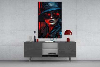 Modern living room interior with red and blue neon-lit portrait glass wall art hanging above gray media console with decorative accessories.
