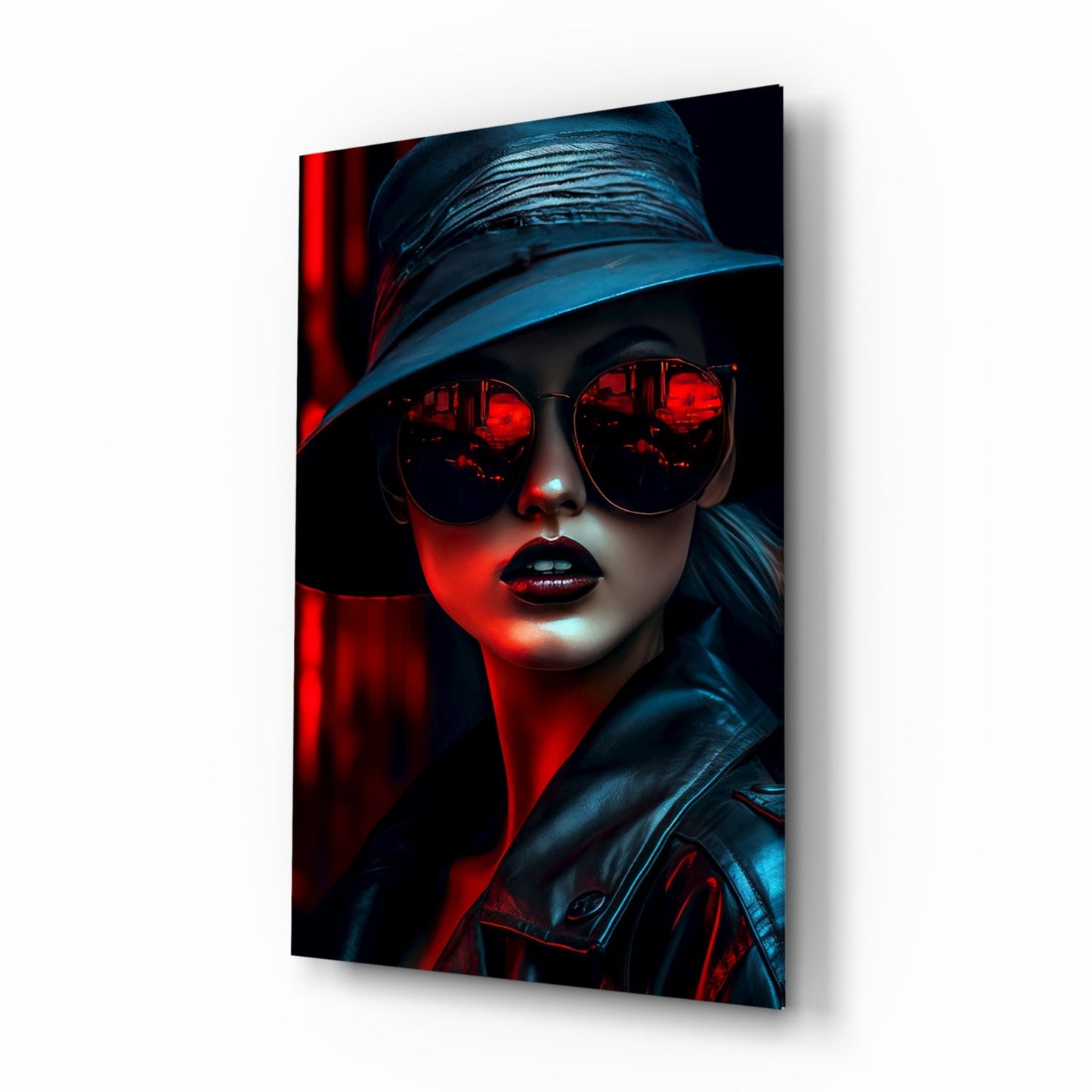Woman wearing blue hat and red-tinted sunglasses against dark background with red and blue neon lighting, displayed on angled glass wall art panel.